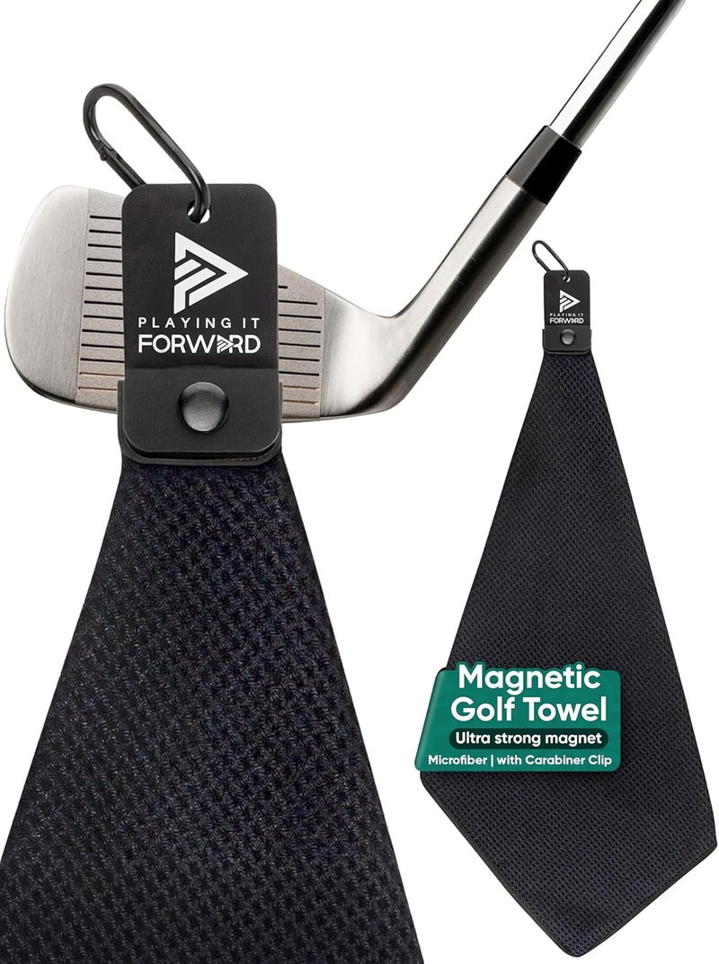 Playing It Forward Magnetic Golf Towels for Golf Bags with Clip & Ultra Strong Magnet - Waffle Weave Microfiber Towel for Secure Hold on Bags & Carts - Ideal Club Cleaner & Accessories - Black - Image 1